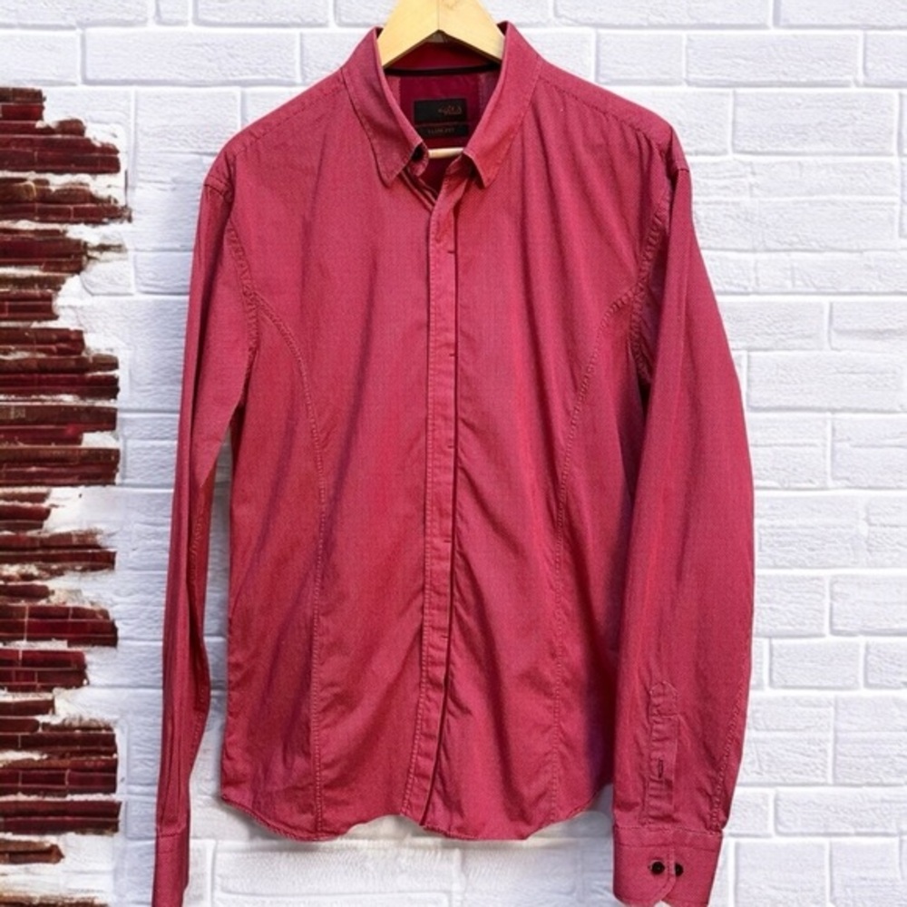 Men's Eight X Jacquard Red with White‎ Pin Point Print Hidden Button Slim Fit